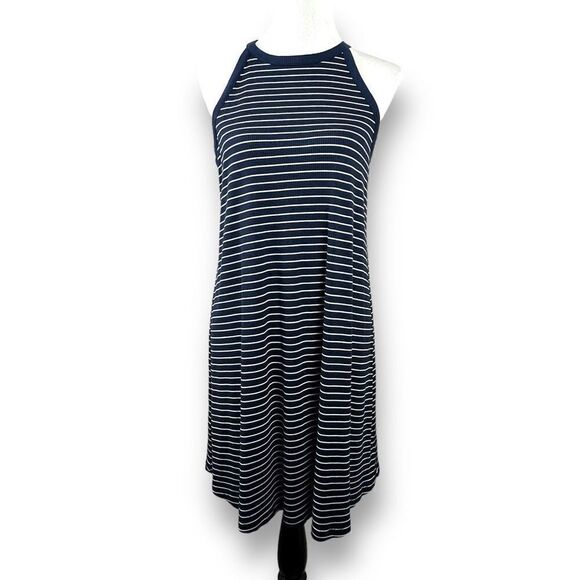 Old Navy Women's Size M Ribbed High Neck Dress Sleeveless Blue and White Stripes - Picture 1 of 11
